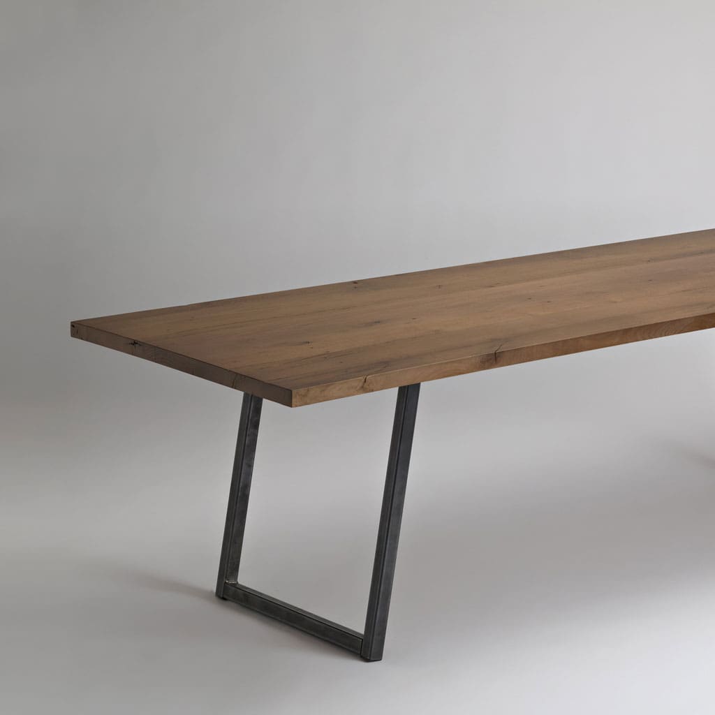 Reclaimed Oak Arel Base Table - Bright Steel Base in Light Smokehouse