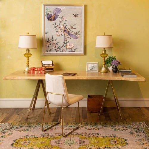 Live Edge Slab Desk on Brass Tripod Base