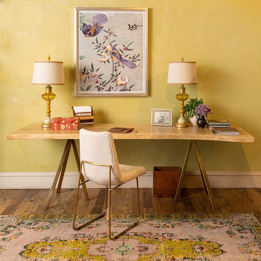 Live Edge Slab Desk on Brass Tripod Base