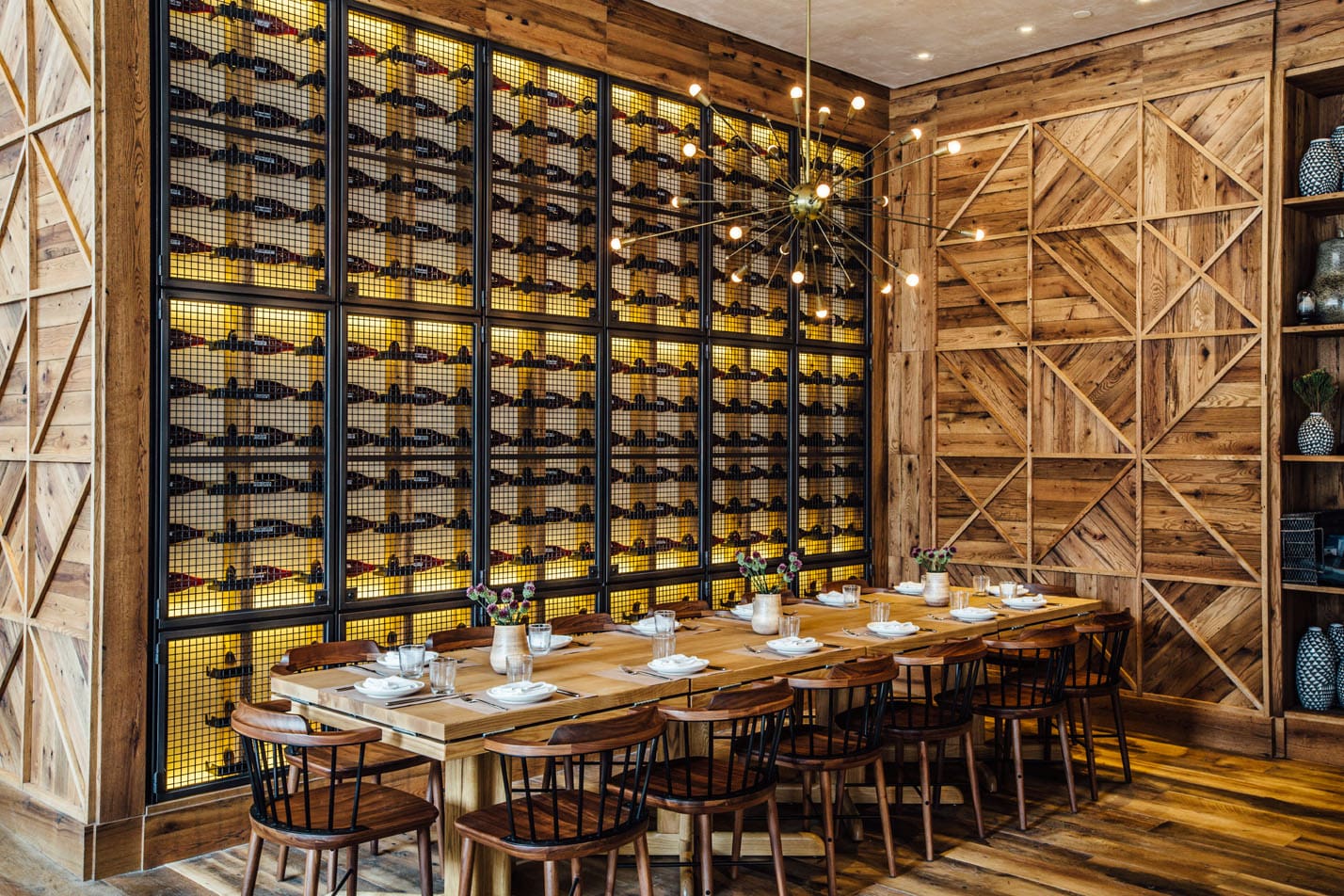 Geometric red oak wood pattern at LAMICO NYC