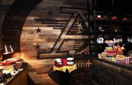 skip-planed, mixed hardwood wall cladding for the Kansas City Chiefs Locker Room Club.