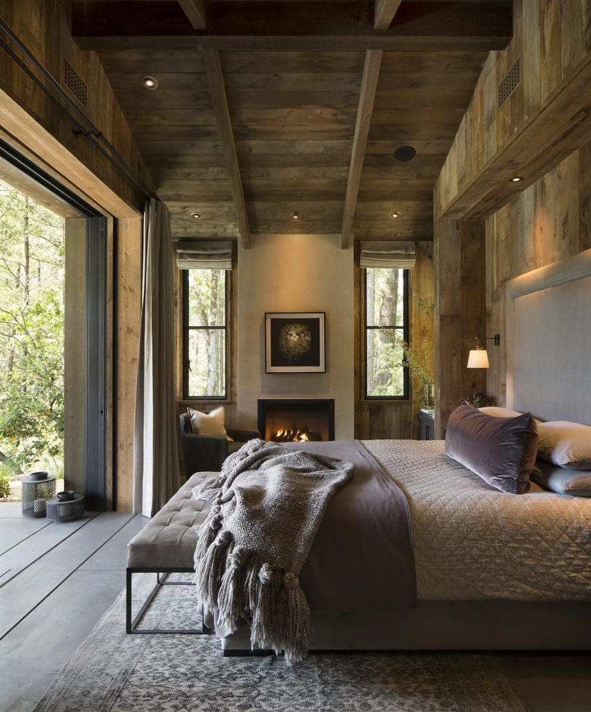 Reclaimed Rough Back Pine Cladding inside Napa Cabin Bedroom Reclaimed Rough Back Pine Cladding inside Napa Cabin Bedroom