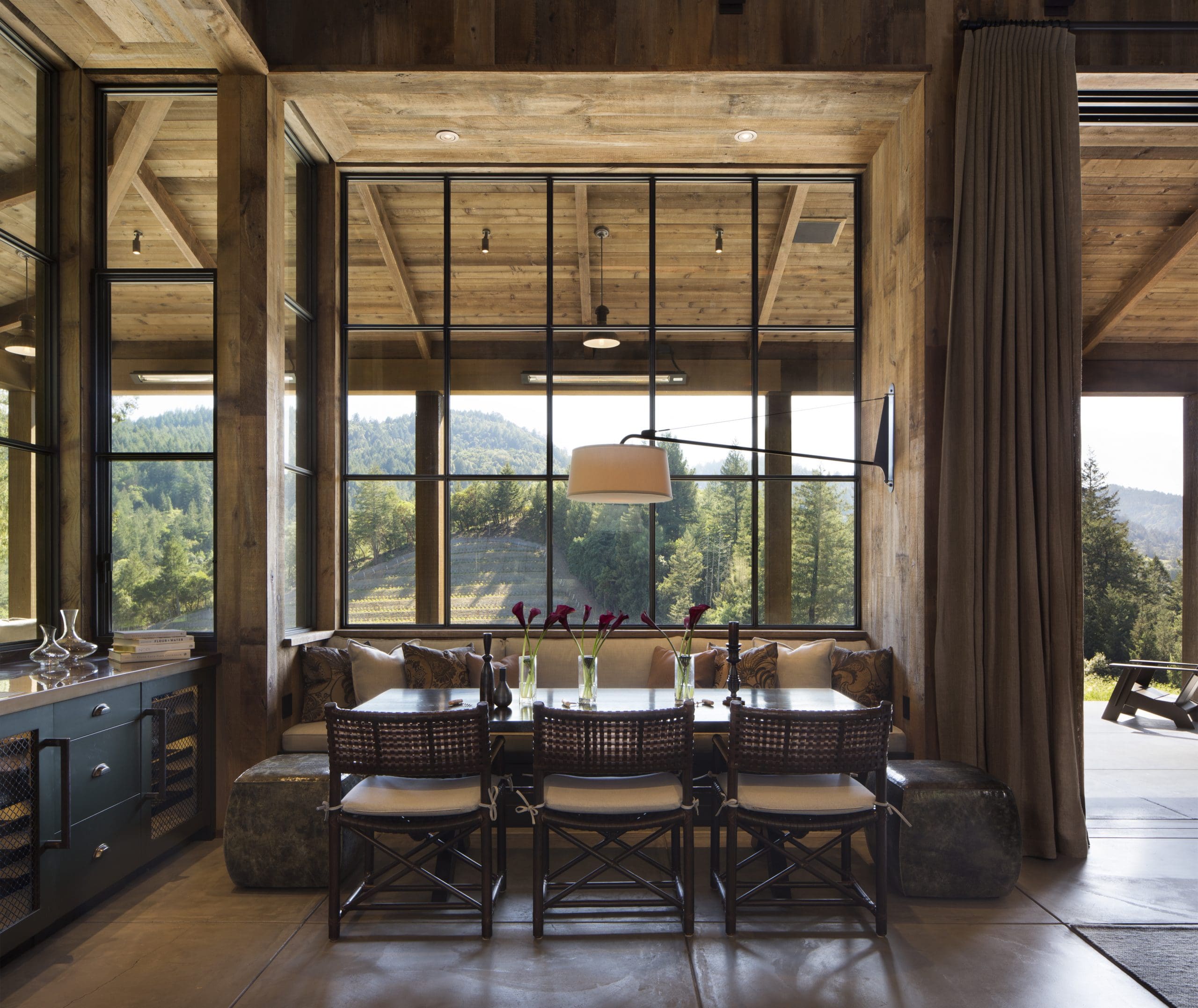 Reclaimed Rough Back Pine Cladding inside Napa Cabin Dining Kitchen