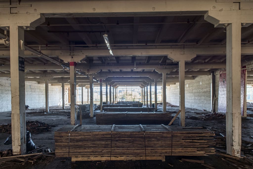 Stacks of Factory Maple Flooring Inside J.I. Case Tractor Factory