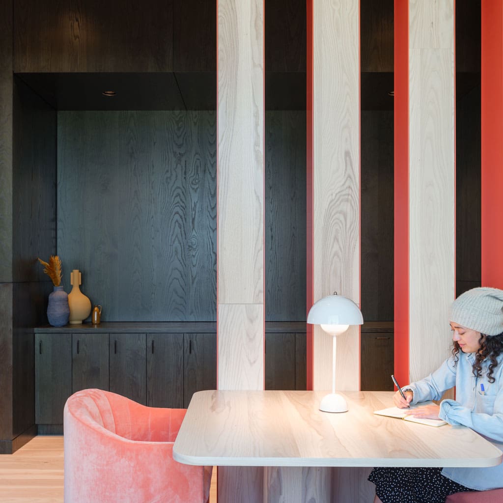Urban Ash Veneer Panels, in Natural and Green Stain, Installed In Office Space